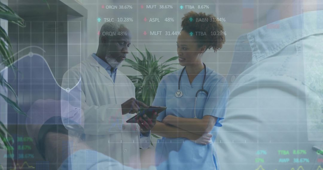 Doctors and Nurses Collaborating on Tablet with Digital Health Interface