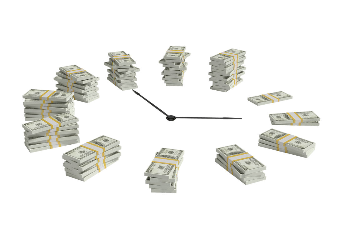 Transparent Cash Clock with Dollar Bills on Transparent Background