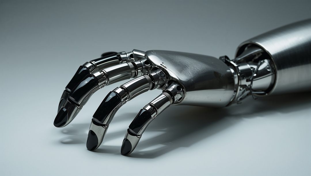 Chrome Robotic Prosthetic Hand with Segmented Joints and Black Fingertips