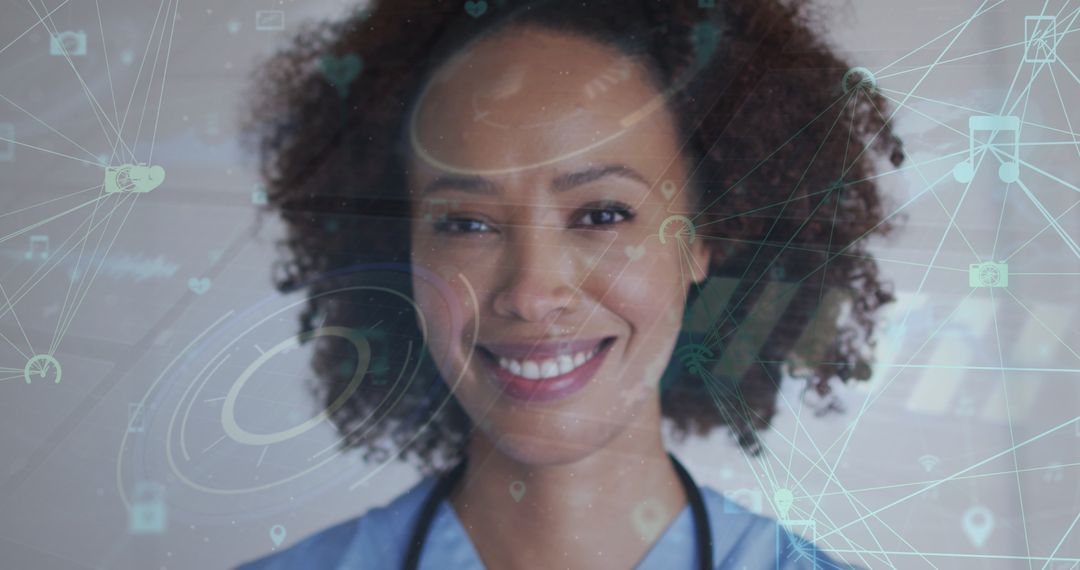 Digital Interface Overlay on Smiling Healthcare Professional