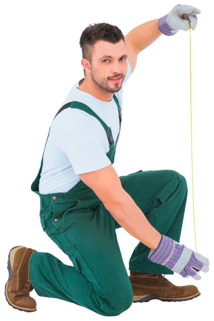 Confident Worker Measuring with Tape on Transparent Background