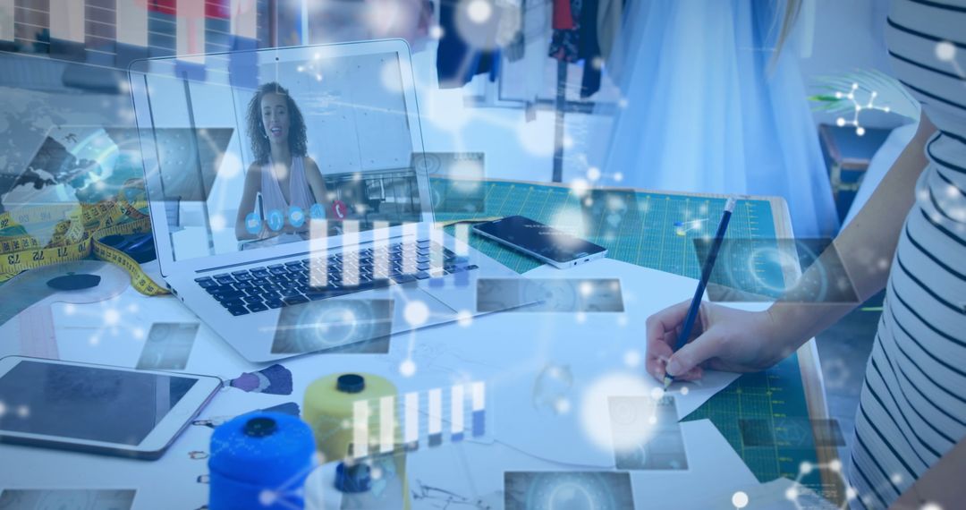 Mixed-Race Businesswoman in Video Call with Digital Interface Projection