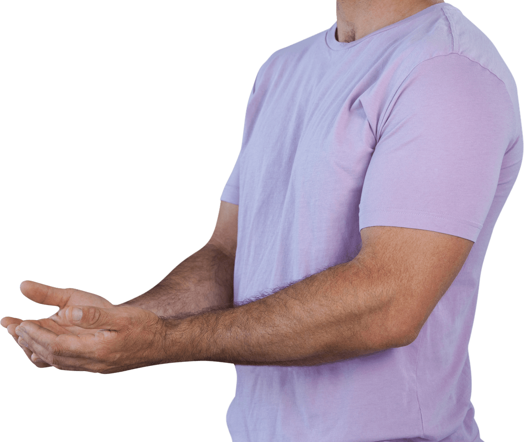 Man Presenting Invisible Product with Cupped Hands Transparent Background