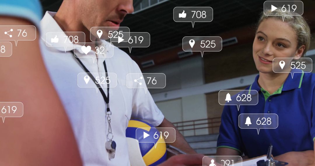 Coach and Teen Discussing Game Plan with Social Media Elements