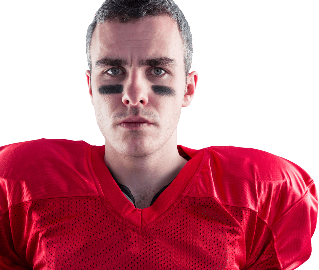 Serious American Football Player in Red Jersey on Transparent Background