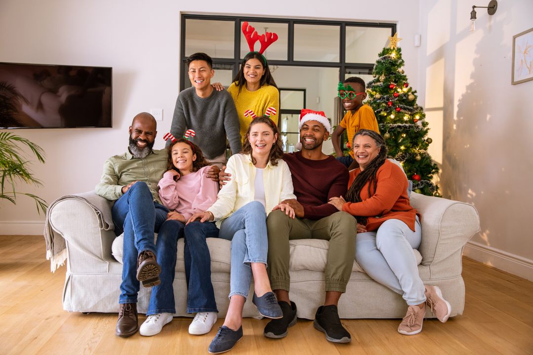 Diverse Family Celebrating Christmas at Home with Joyful Expressions
