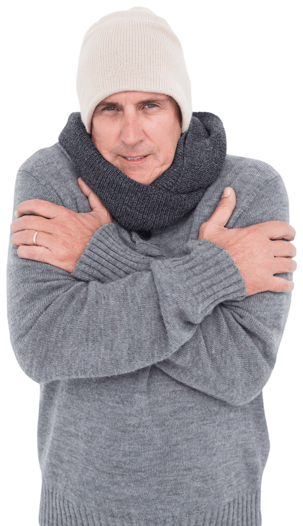 Casual Man Shivering in Warm Winter Clothing on Transparent Background