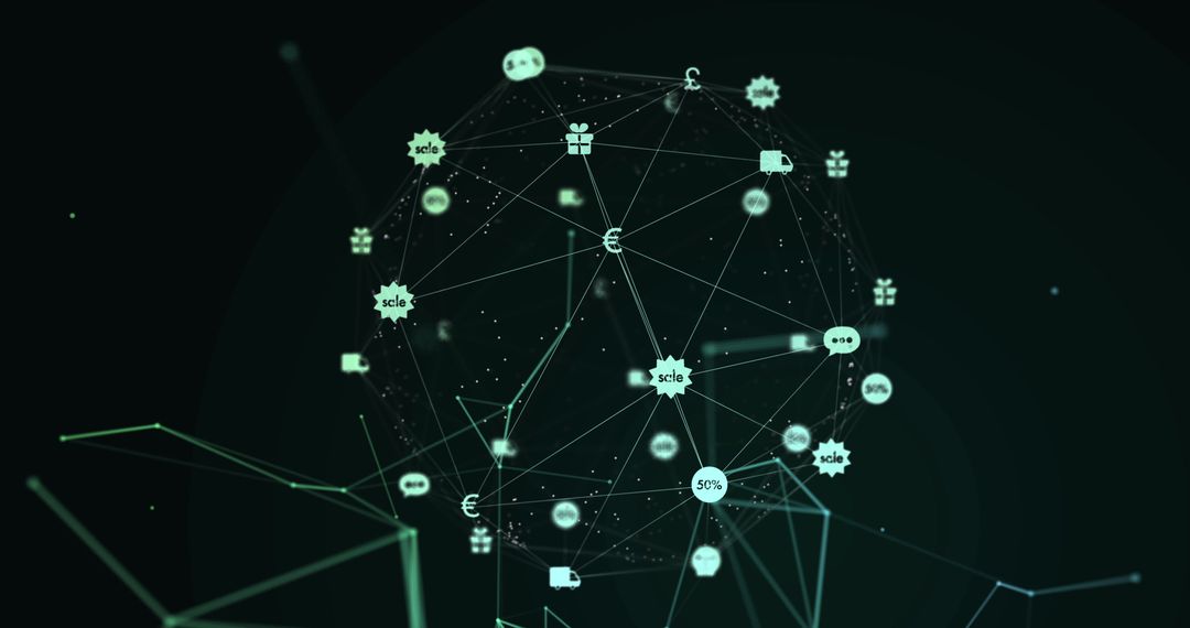 Digital Network Sphere with Currency Icons on Green Background