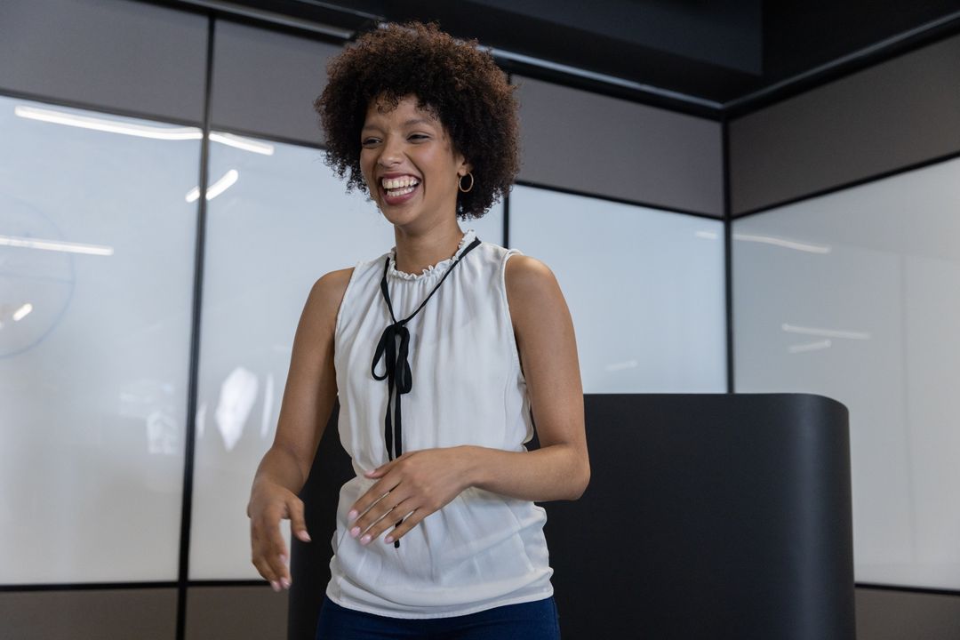 Confident Woman Engaging in Professional Office Presentation