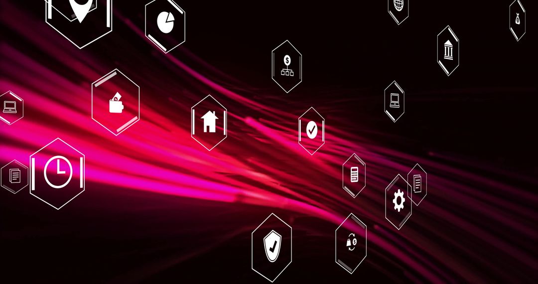 Dynamic Digital Interface with Business Icons and Light Trails