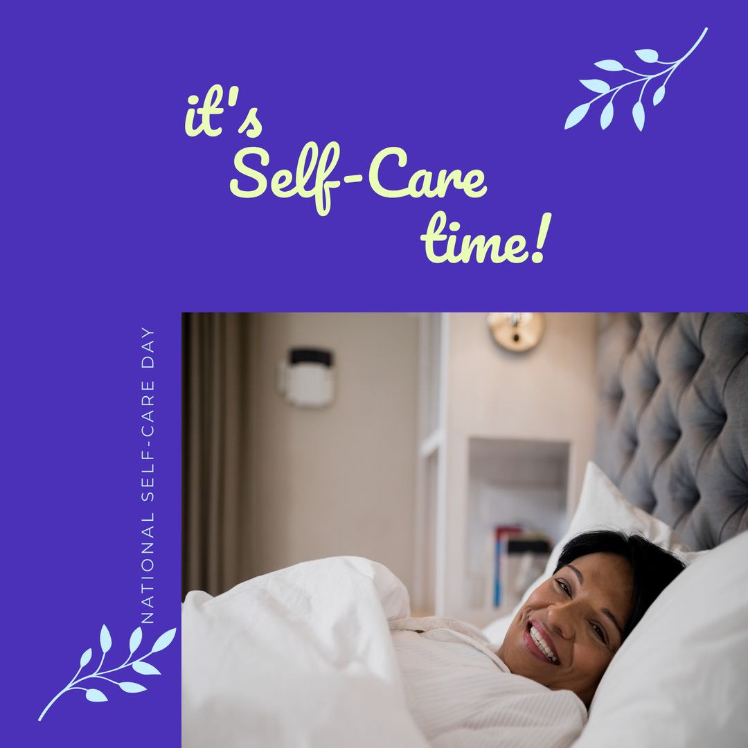 Self-Care Concept with Smiling Woman Relaxing in Bed