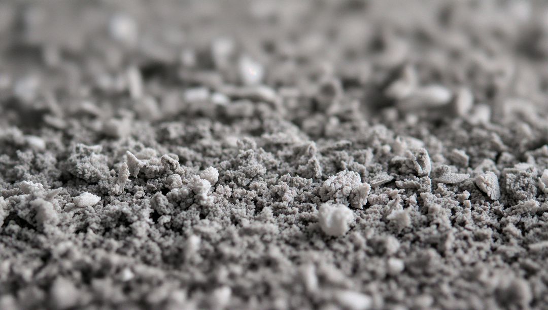 Macro gray granular powder texture with small clumps and white pellets, abstract surface