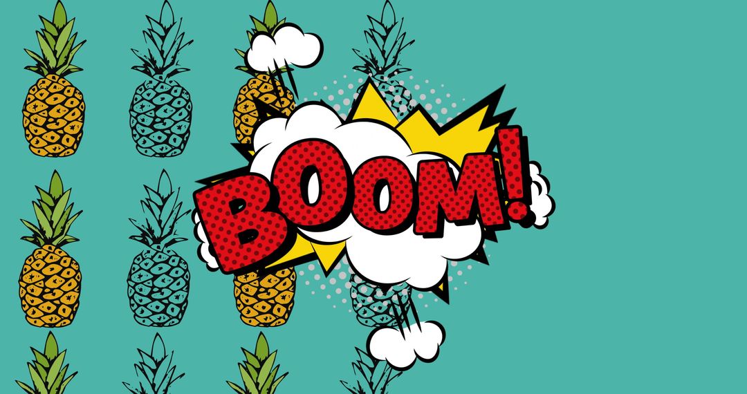 Retro Comic Boom Text with Pineapples on Blue