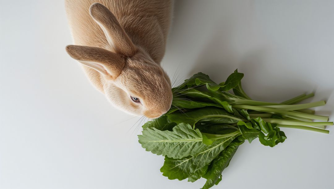 Top-Down Tan Domestic Bunny Nibbling Fresh Leafy Greens on Clean White Surface