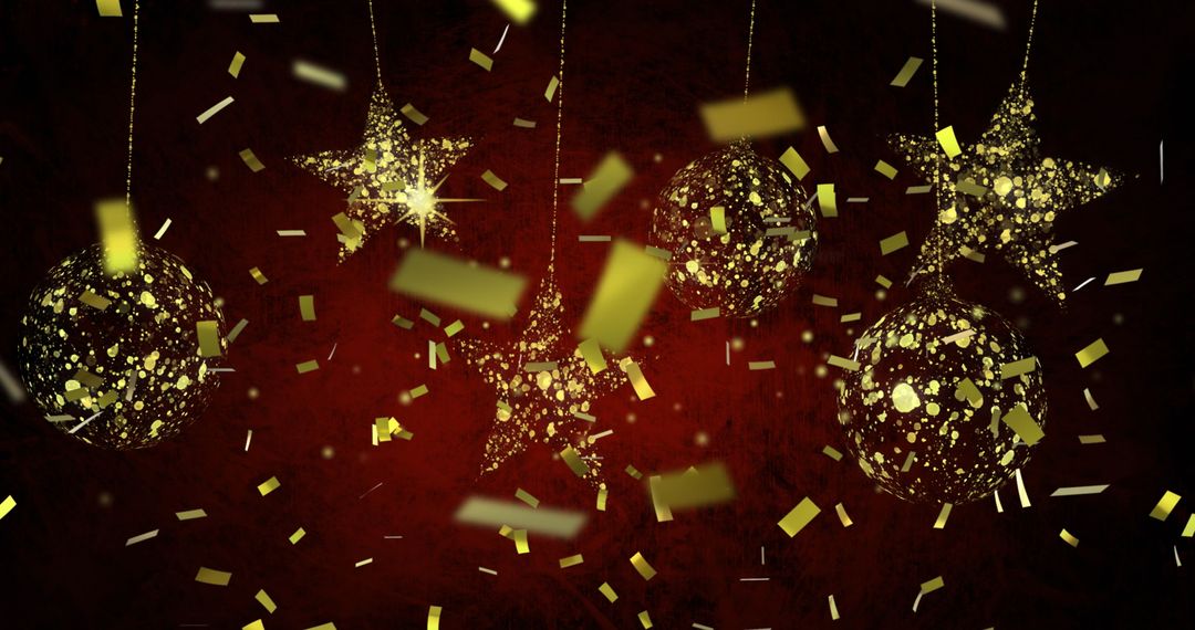 Golden Stars and Baubles with Falling Confetti on Red Background