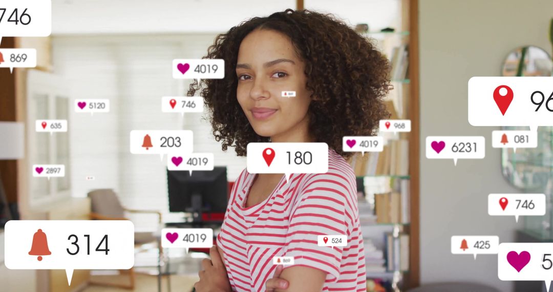 Smiling Woman Engaged with Social Media Notifications in Modern Office