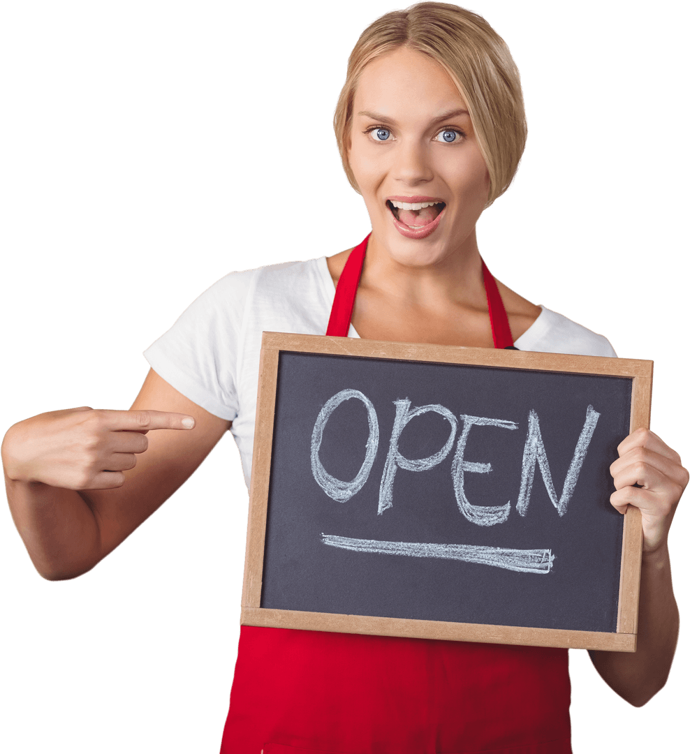 Happy Woman Holding Open Sign Transparent Background