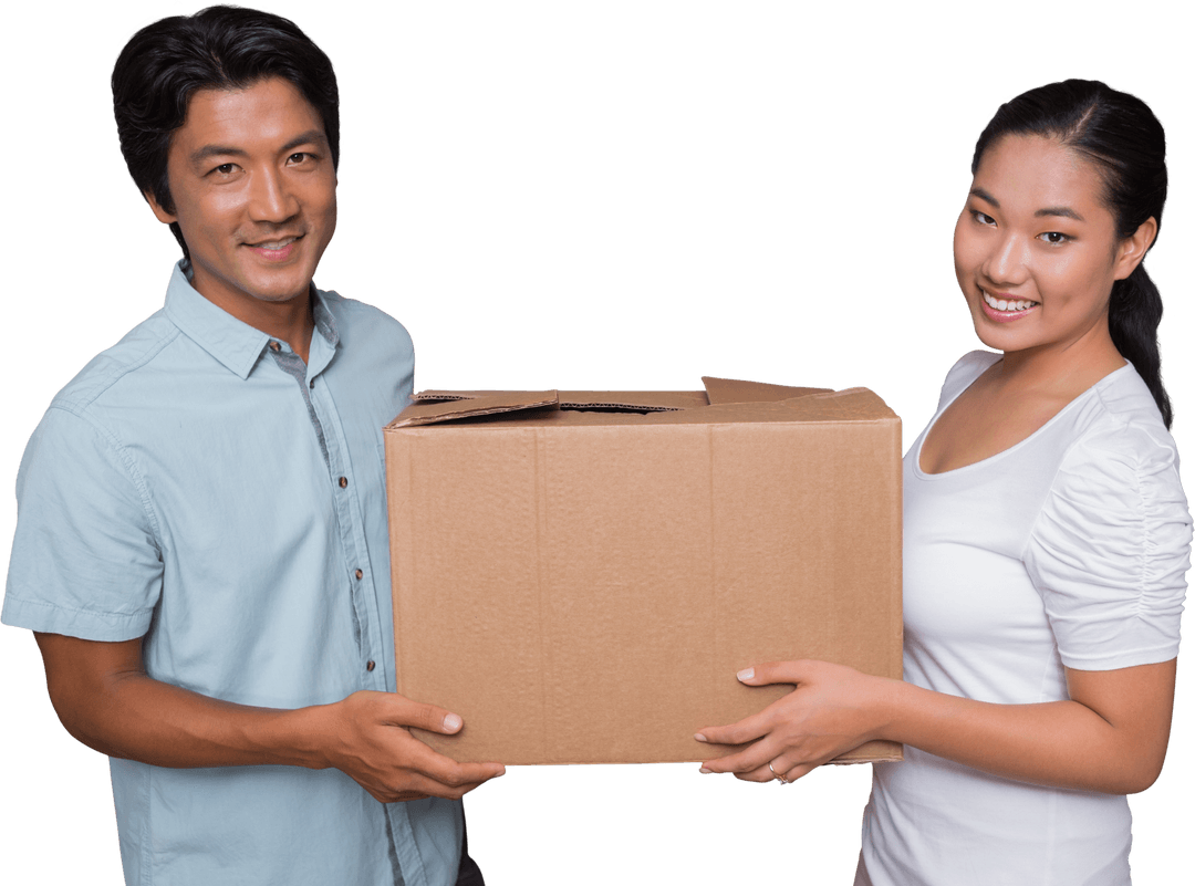 Happy Couple Holding Cardboard Box for Moving in New Home Transparent