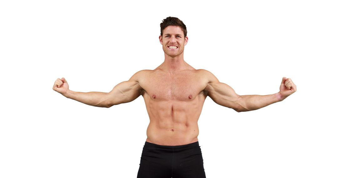 A young Caucasian male flexes his muscles confidently, with copy space - Free Images, Stock Photos and Pictures on Pikwizard.com