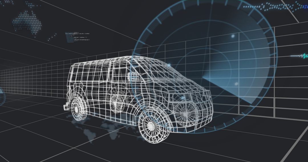 Rotating Wireframe Van Model in Futuristic Digital Interface
