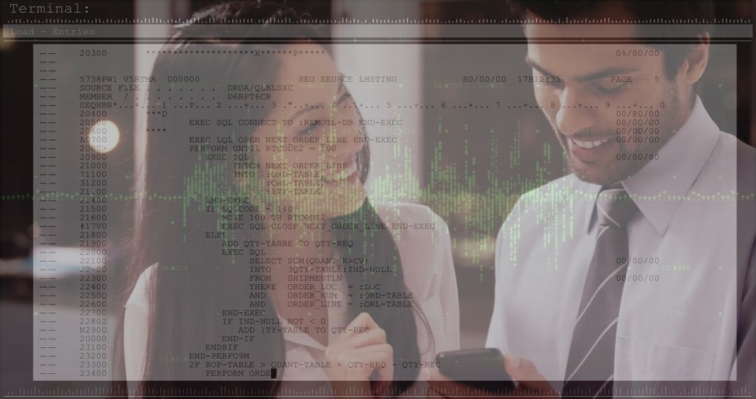 Data Management Overlaid on Professionals Collaborating in Office