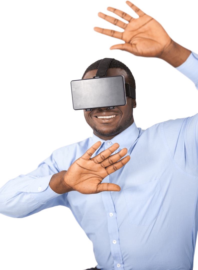 Transparent Joyful Man Using VR Headset and Gesturing