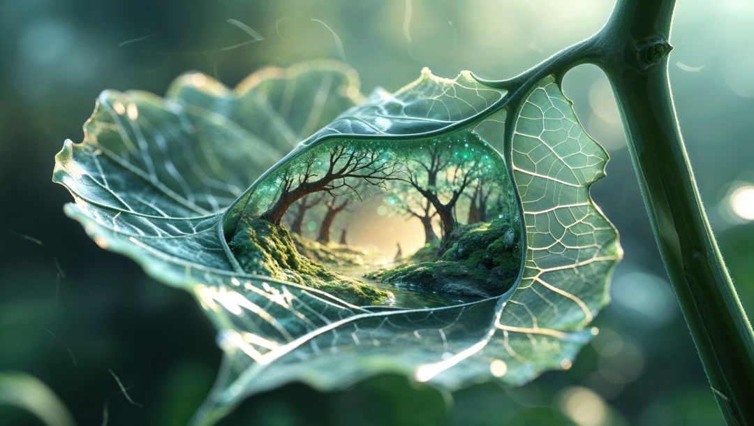 Miniature forest scene through leaf aperture with dreaming trees