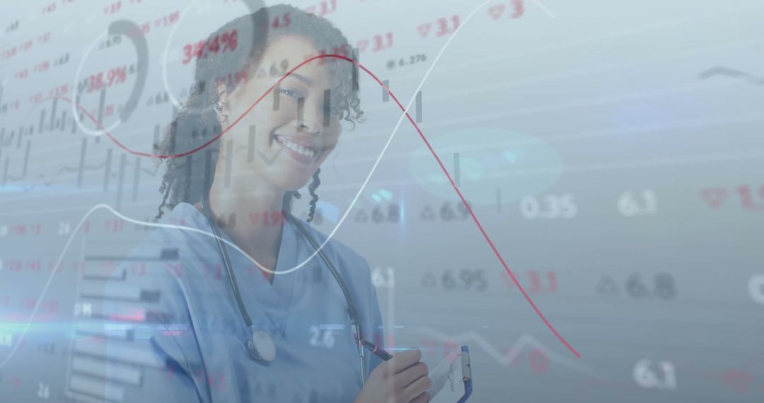 Smiling Female Doctor Amidst Digital Health Data Overlay