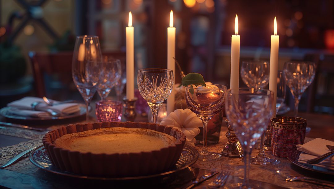 Elegant Dining Setting with Candlelit Pie for Celebratory Dinner