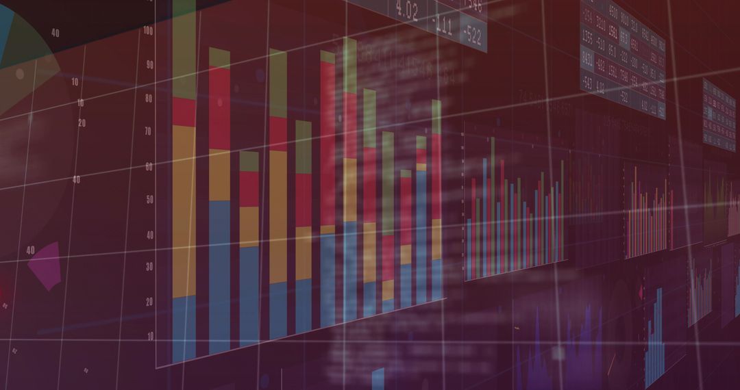 Displaying 3D stacked bar analytics dashboard with multicolor column charts and grid axes