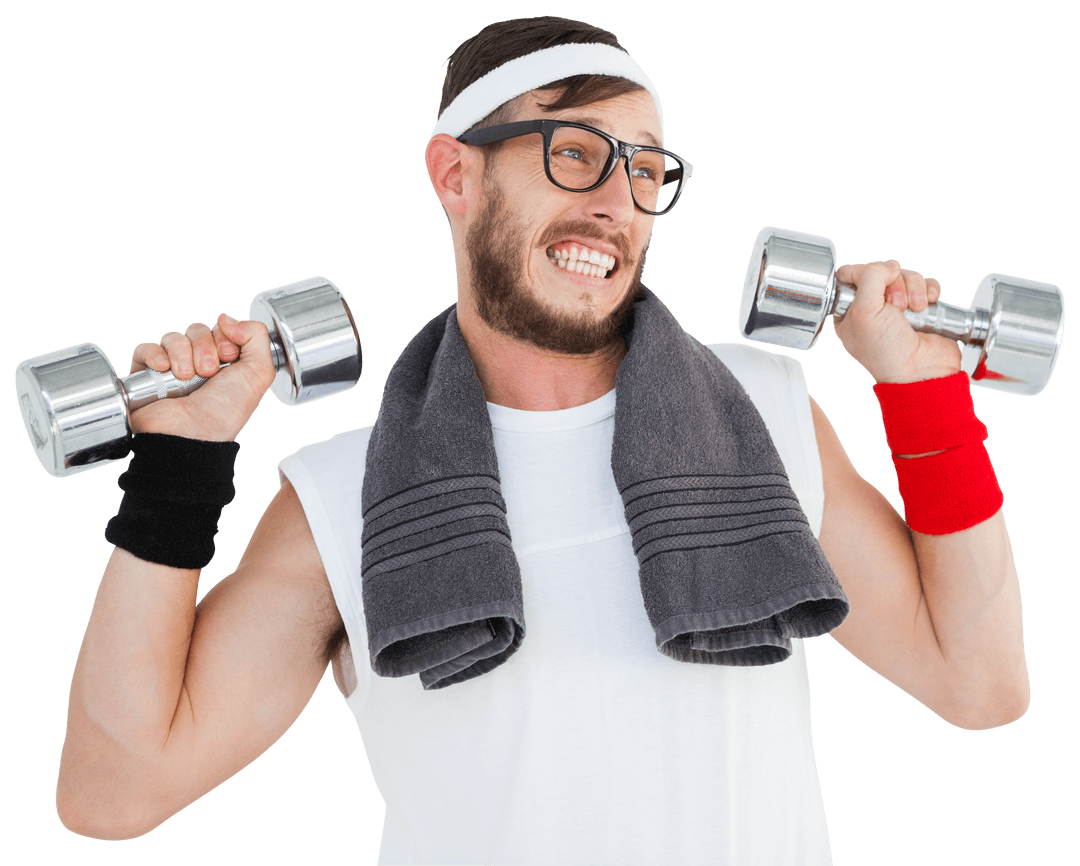 Transparent Background Geeky Hipster Exercising with Dumbbells