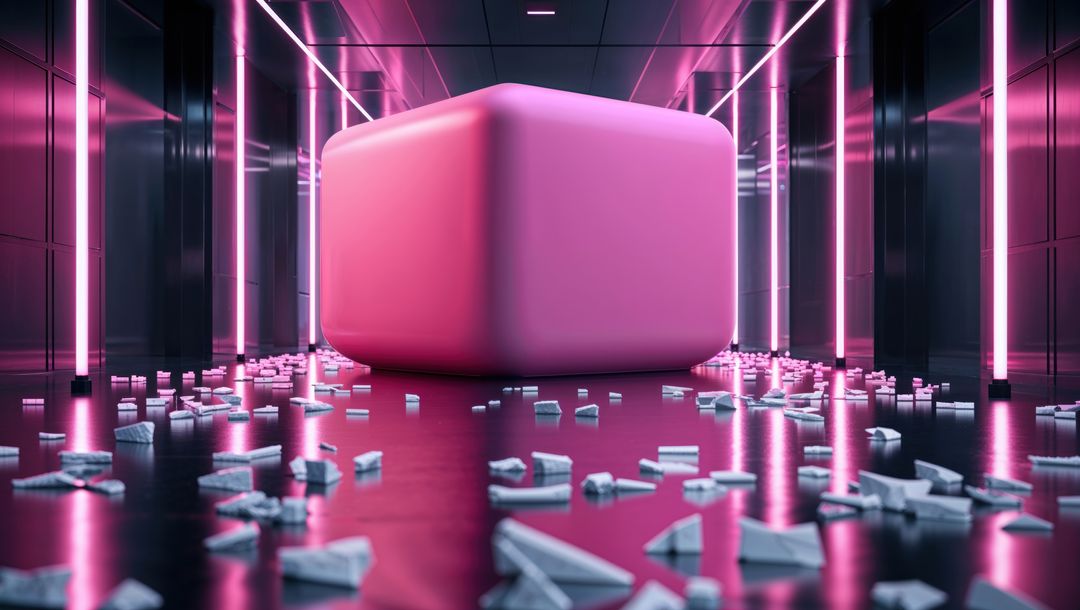 Glowing Pink Cube in Neon Corridor Breaking Reality