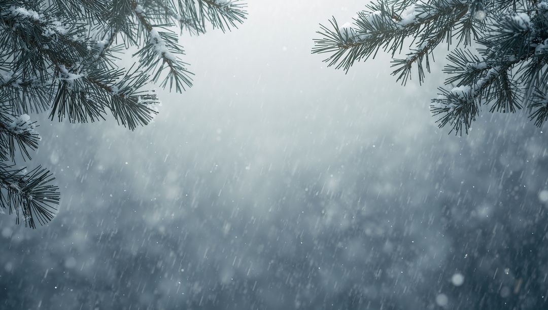 Falling Snow Under Pine Branches with Soft Bokeh and Motion Blur for Winter Backgrounds