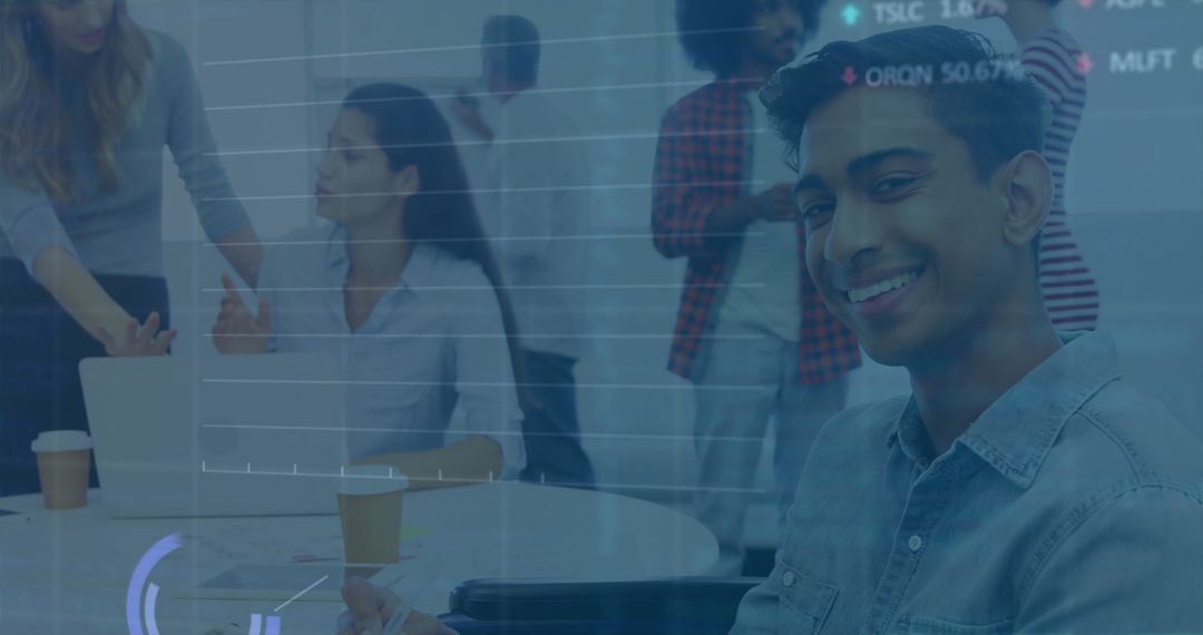 Diverse Colleagues Discussing with Digital HUD Interface in Workplace