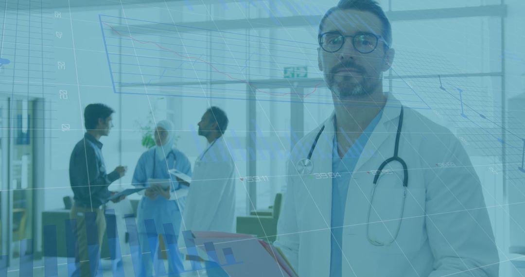 Diverse Medical Team Analyzing Data with Digital Interface Overlay