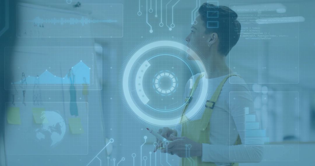 Engineer Interacting with Futuristic HUD in Modern Office