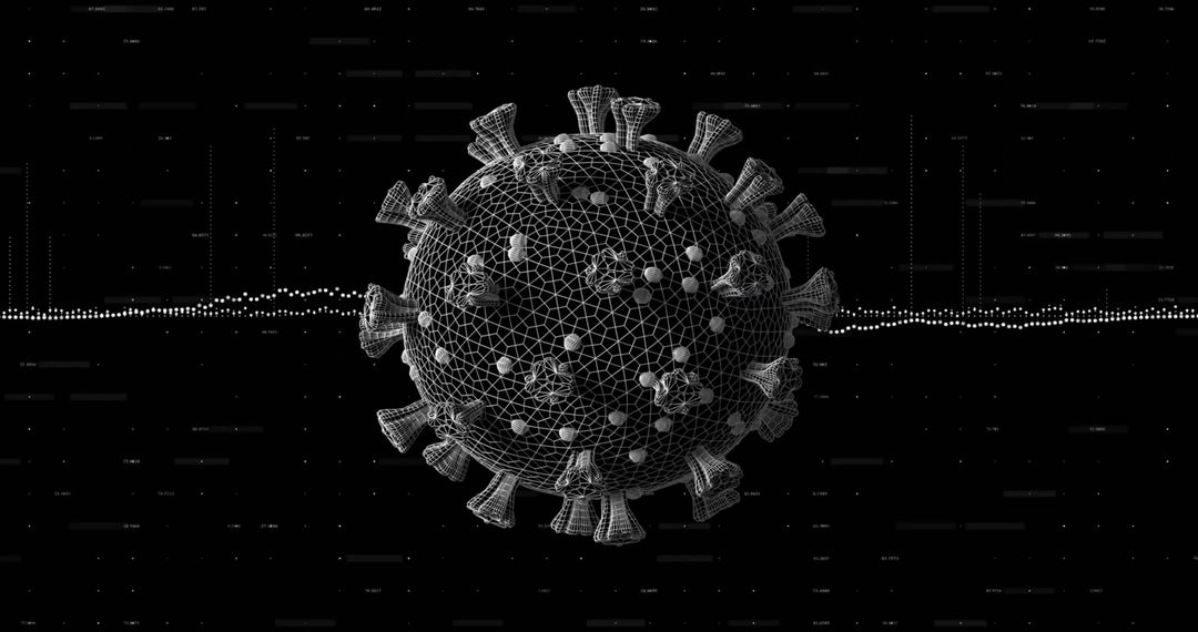 Digital Illustration of Virus Cell with Data Visualization Overlay