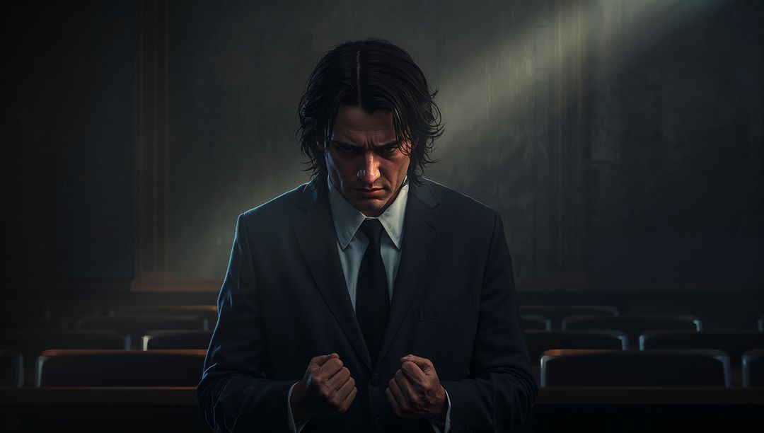 Brooding Man Standing in Dark Suit Clenching Fists Bowing Head in Dim Hall with Pews