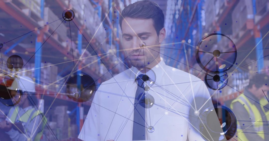 Man Analyzing Network Solutions in Modern Warehouse Environment