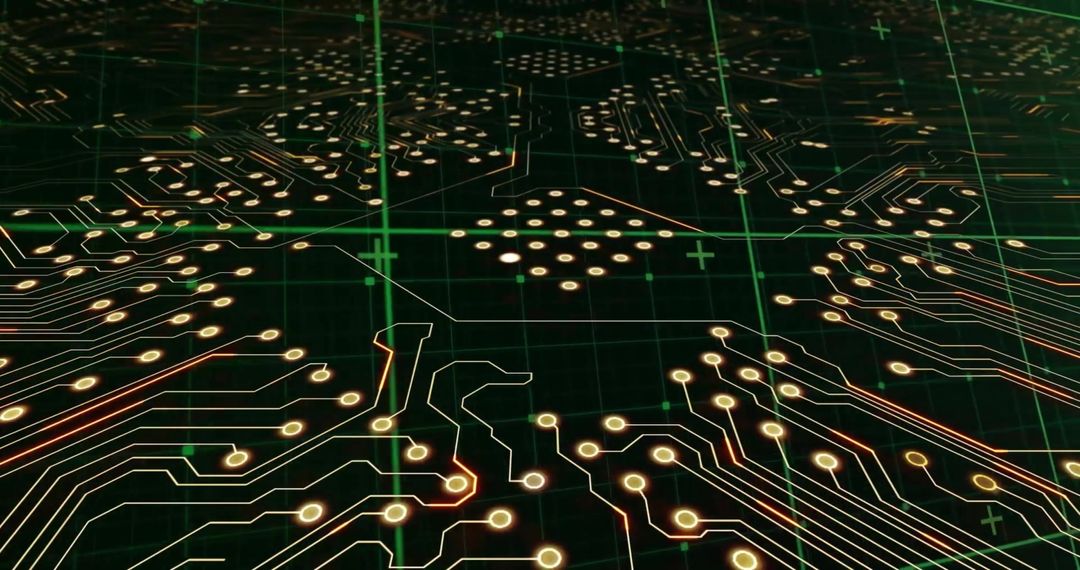 Futuristic Circuit Board with Connections and Dots on Dark Background