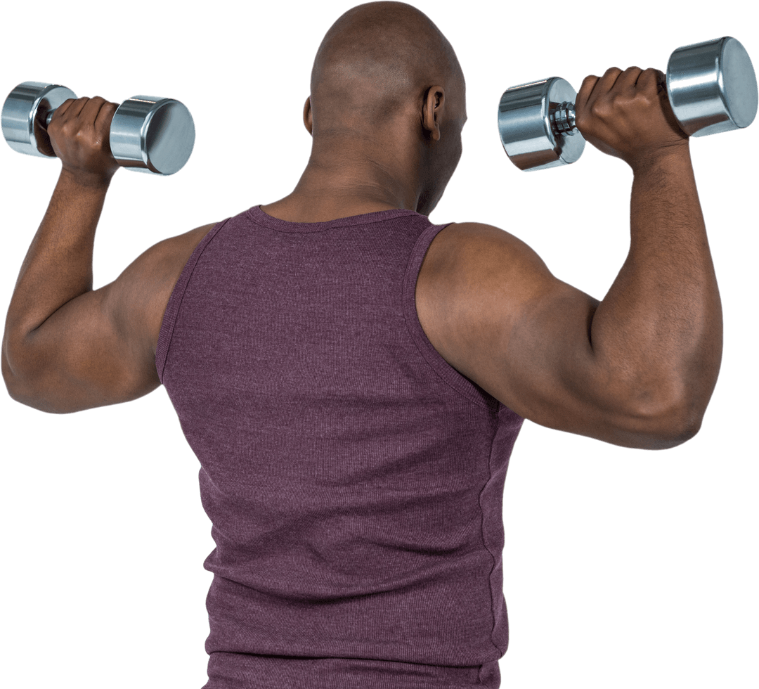 Transparent Active Fit Man Lifting Dumbbells Back View