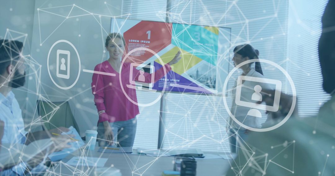Businesswoman Leading Digital Networking Presentation in Modern Office