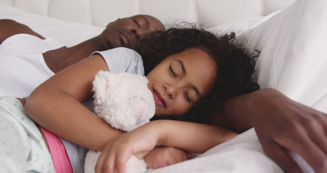 Father and Daughter Sleeping Together with Teddy Bear - Free Images, Stock Photos and Pictures on Pikwizard.com