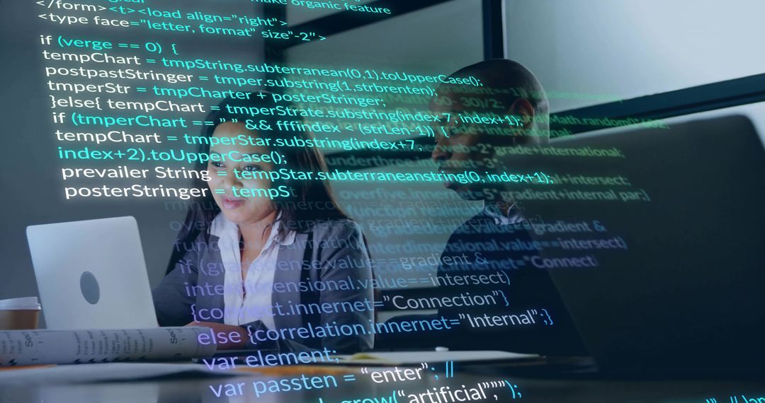 Software Engineers Analyzing Code on Transparent Glass Screen