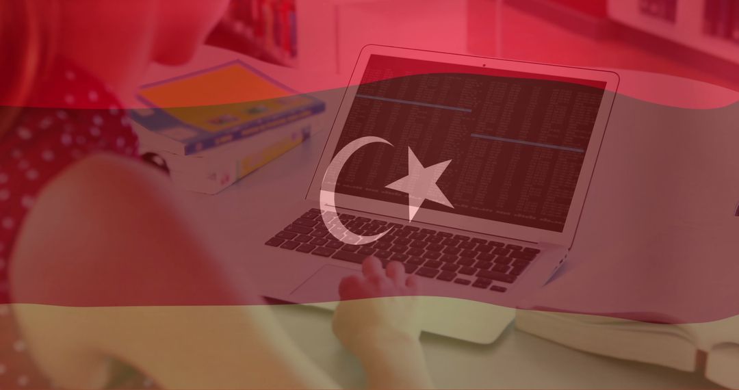 Hands Typing Code on Laptop with Turkish Flag Overlay