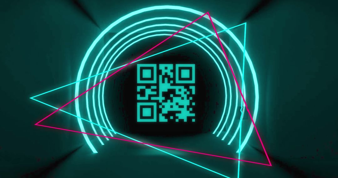 Futuristic QR Code with Neon Geometric Shapes in Dark Background