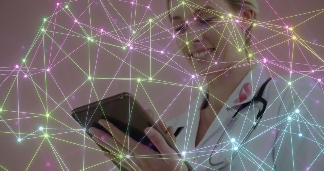 Caucasian Female Doctor Using Tablet with Digital Network Overlay