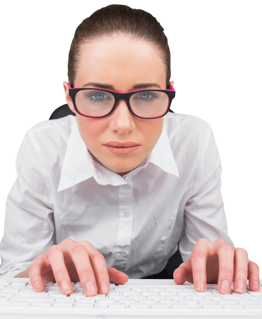 Transparent Enthusiastic Businesswoman Typing on Keyboard with Focus