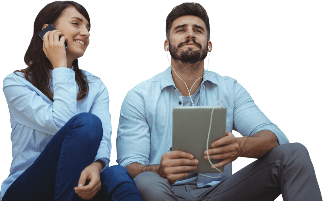 Happy Couple Using Smartphone and Tablet on Transparent Background