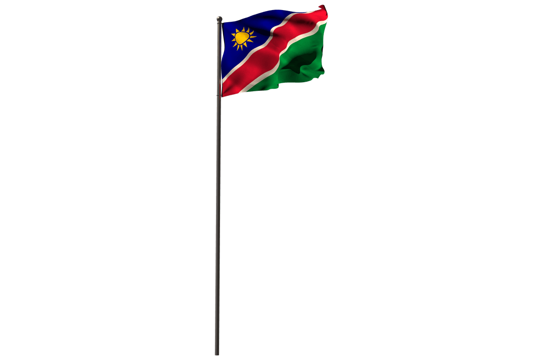 Namibian Flag on Pole Waving on Transparent Background